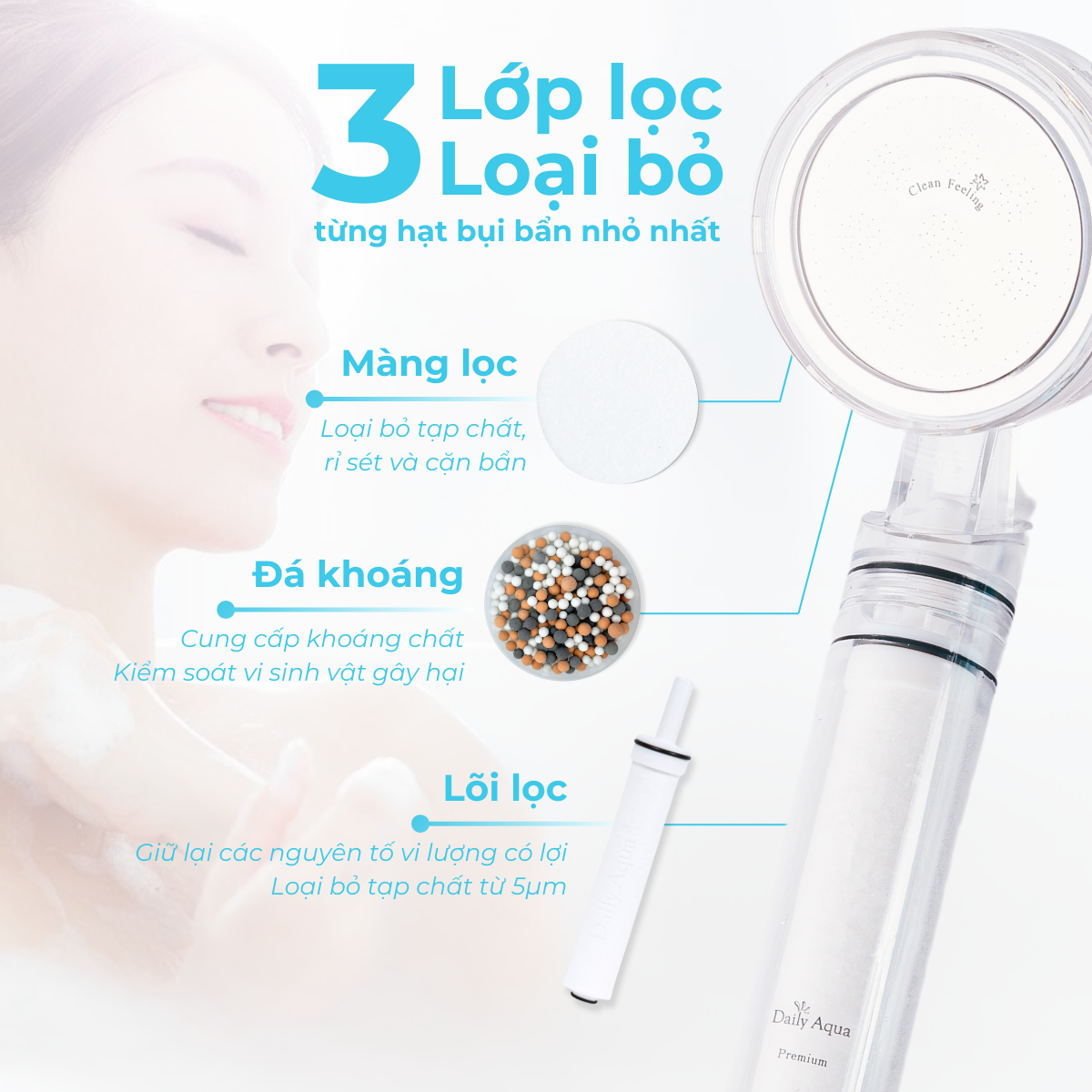 Bộ Vòi Sen Tăng Áp Lọc Nước Daily Aqua Kèm Lõi Lọc và Màng Lọc - Loại Bỏ Bụi Bẩn Vi Khuẩn, Tạp Chất