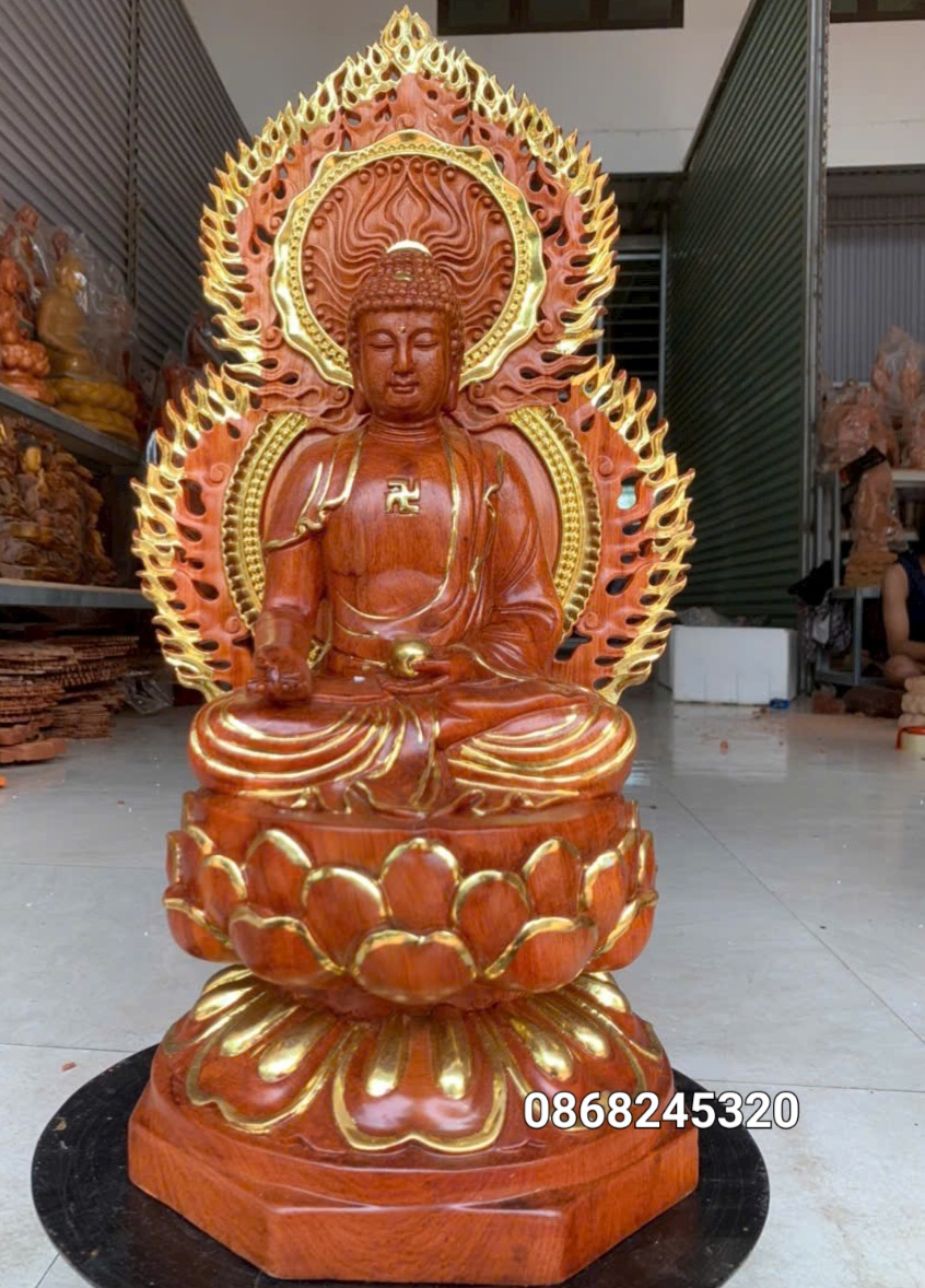 Bộ tượng thất phật được sư bằng gỗ hương đá kt cao 40×20cm +lá chắn hào quang cao tổng 54cm