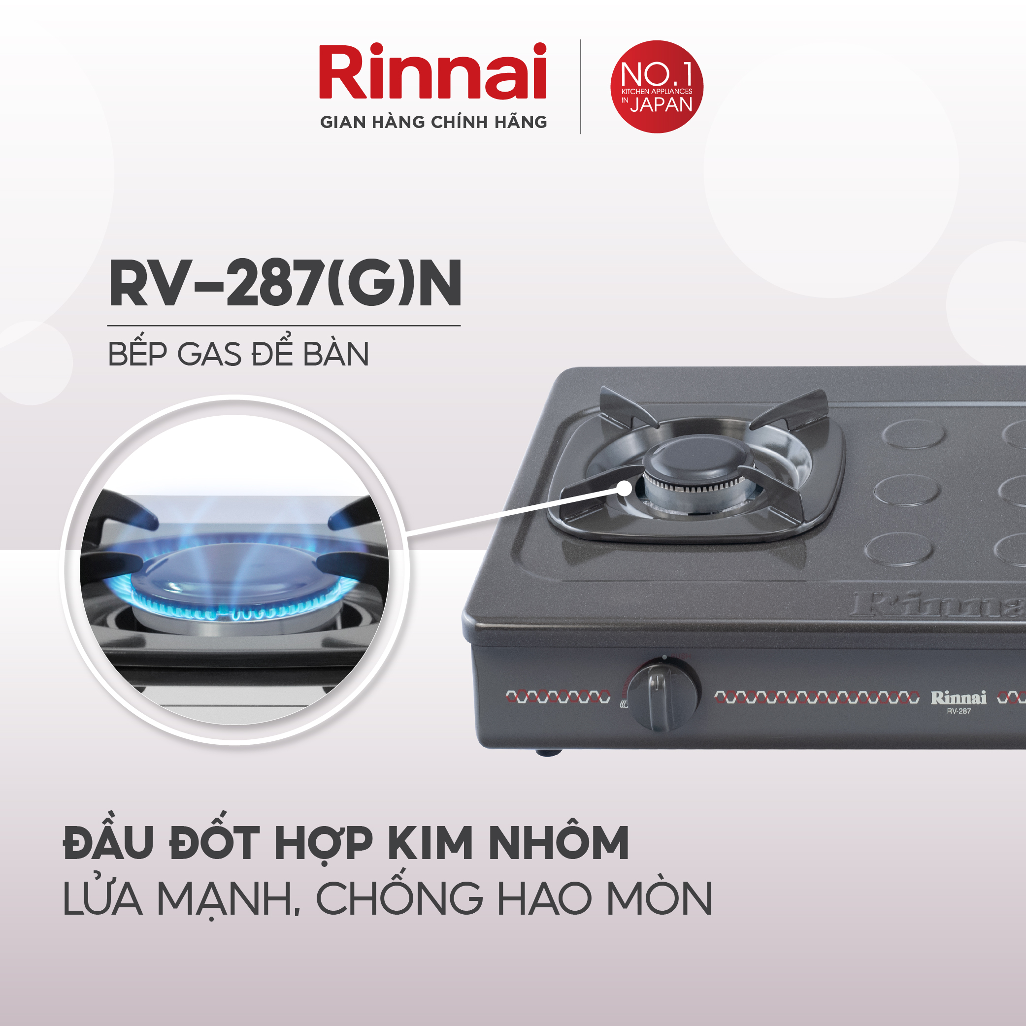 Bếp gas dương Rinnai RV-287(G)N mặt bếp men và kiềng bếp men - Hàng chính hãng.