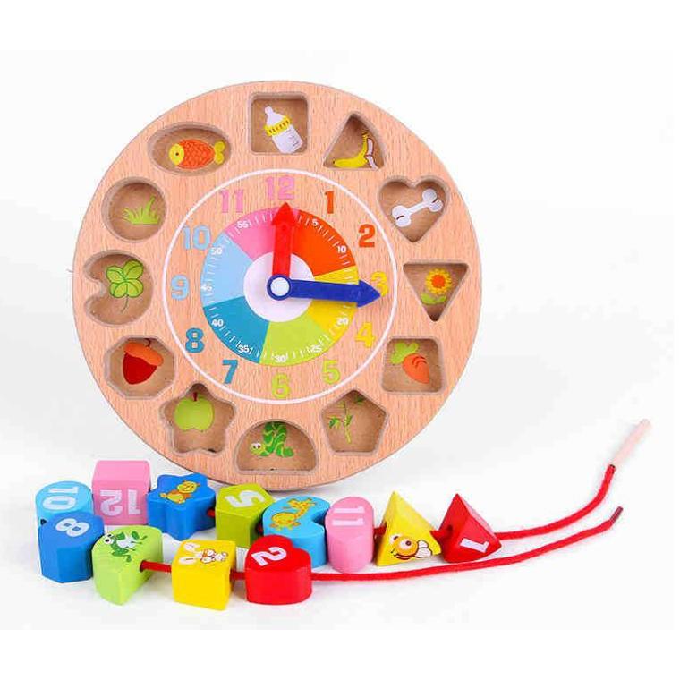 Đồng Hồ Gỗ 3D Xâu Chuỗi Nhiều Màu Cho Bé
