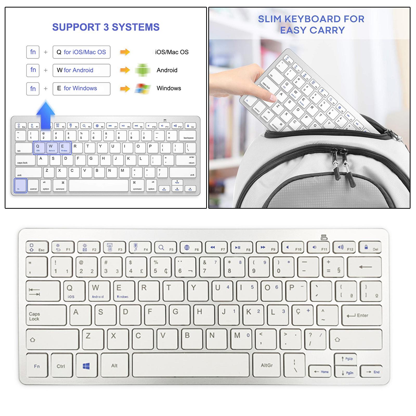 Silver Slim Portuguese 78 Keys Wireless Bluetooth Keyboard Universal Compact