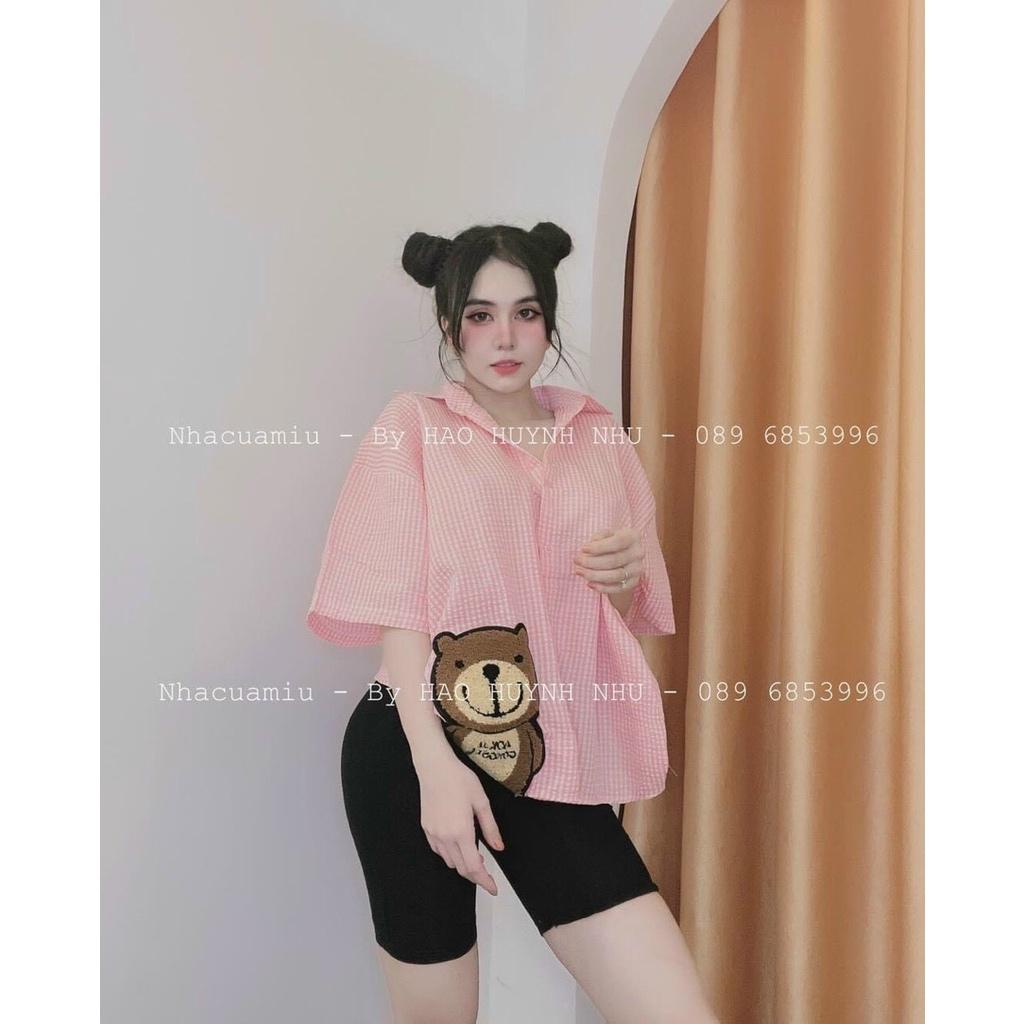 Sét bộ nữ áo sơ mi kẻ sọc tay lửng in hình bé gấu dễ thương phối quần lửng ngố ôm body xinh xắn thời trang nữ dạo phố