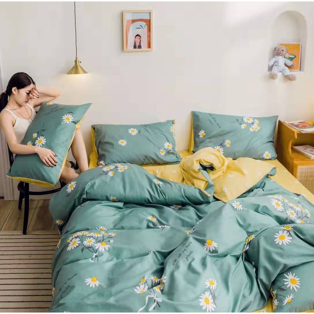 Bộ Chăn Chần Ga Gối Cotton LIDACO SP000882 - Cúc Nhí Xanh
