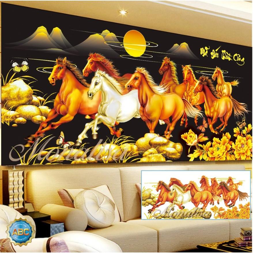 Tranh Đính Đá MÃ ĐÁO THÀNH CÔNG NỀN ĐEN . Kích Thước: 1m x 50cm - 1m5 x 70cm - 1m8 x 85cm
