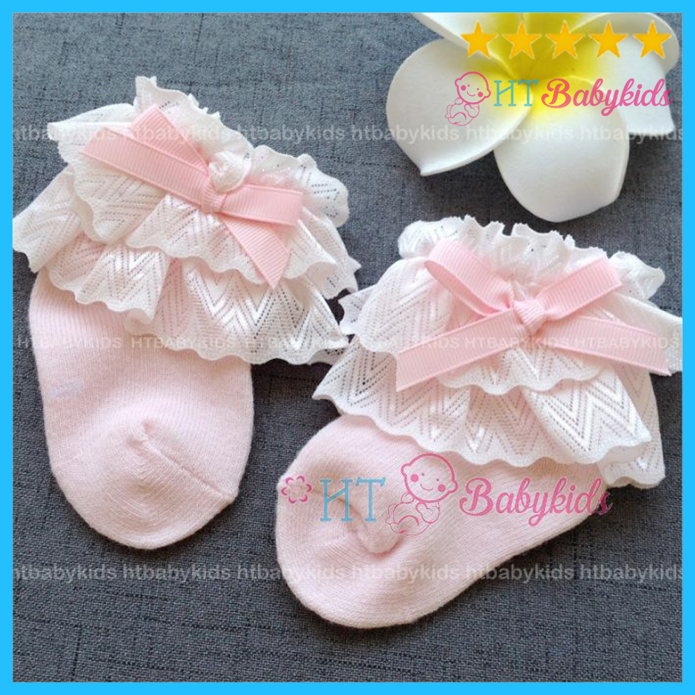 Vớ Tất Tiểu Thư Cho Bé Gái - Tất Cho Bé Sơ Sinh Hồng Phối Ren Nơ