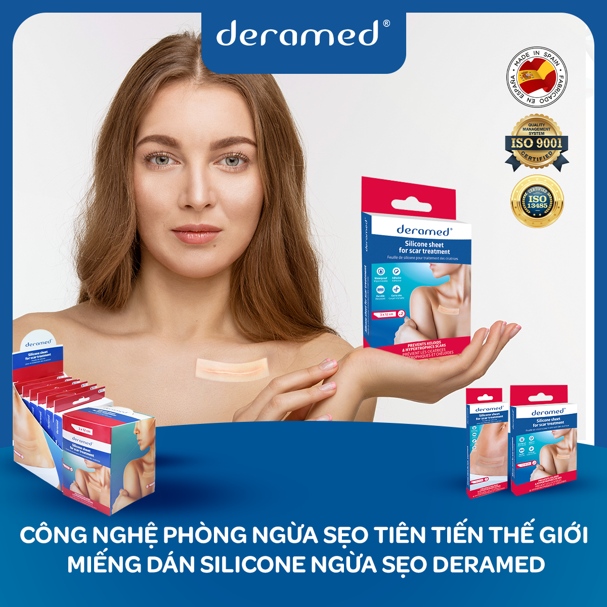 MIẾNG SILICONE NGỪA VÀ LÀM MỜ SẸO LỒI, SẸO PHÌ ĐẠI DERAMED - CÔNG NGHỆ MỜ SẸO MỚI, HIỆU QUẢ VÀ AN TOÀN - 2 MIẾNG 3x12CM - SẢN XUẤT TẠI TÂY BAN NHA