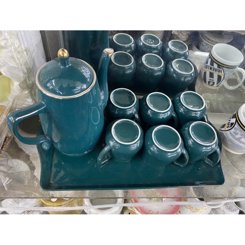 Bộ tách trà xanh và trắng cao cấp viền vàng