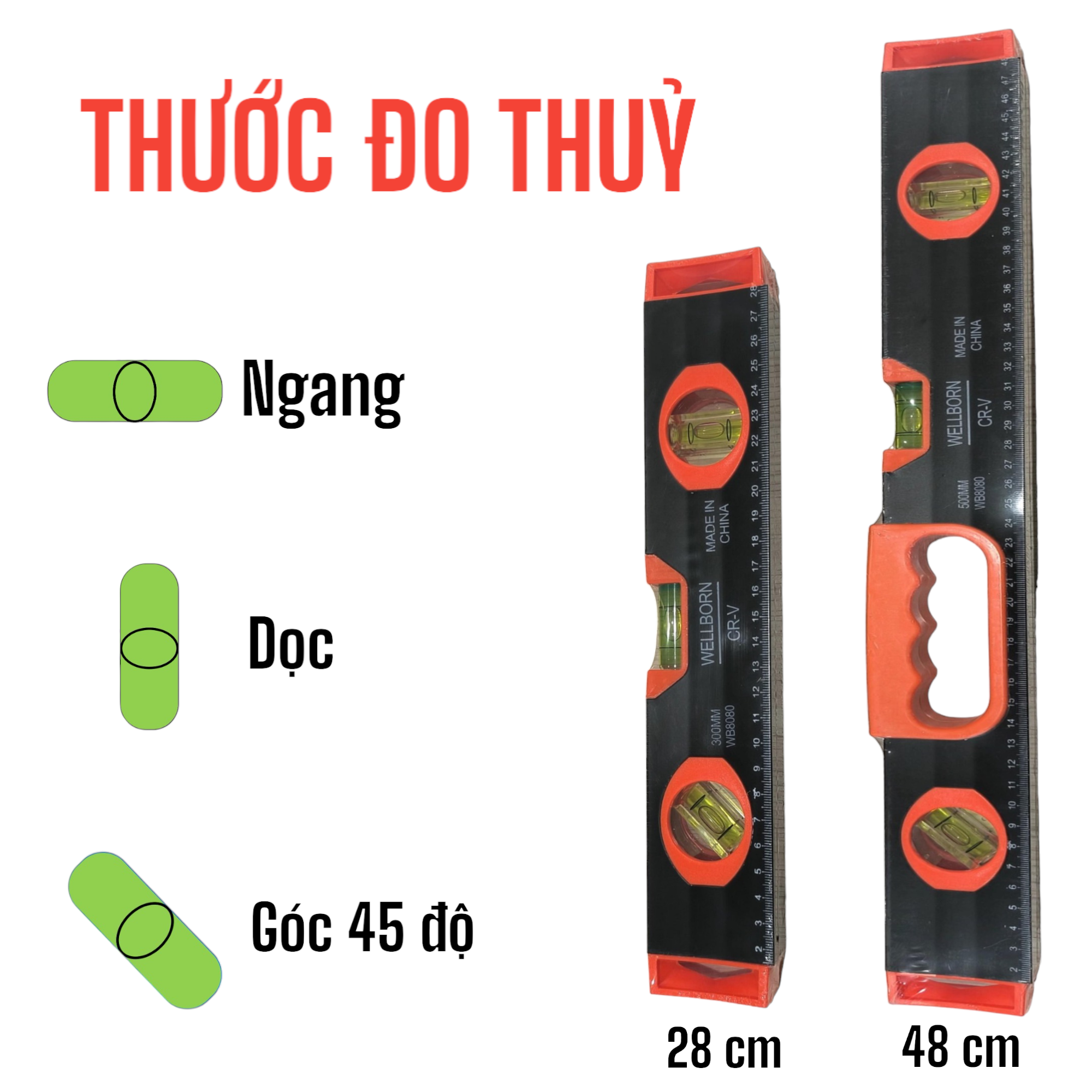 Thước đo thuỷ, thước thuỷ đo cân bằng - đo được đa dạng bề mặt kiểm tra chính xác độ cân bằng của mặt phẳng. Thước nhỏ 28cm, Thước lớn 48cm