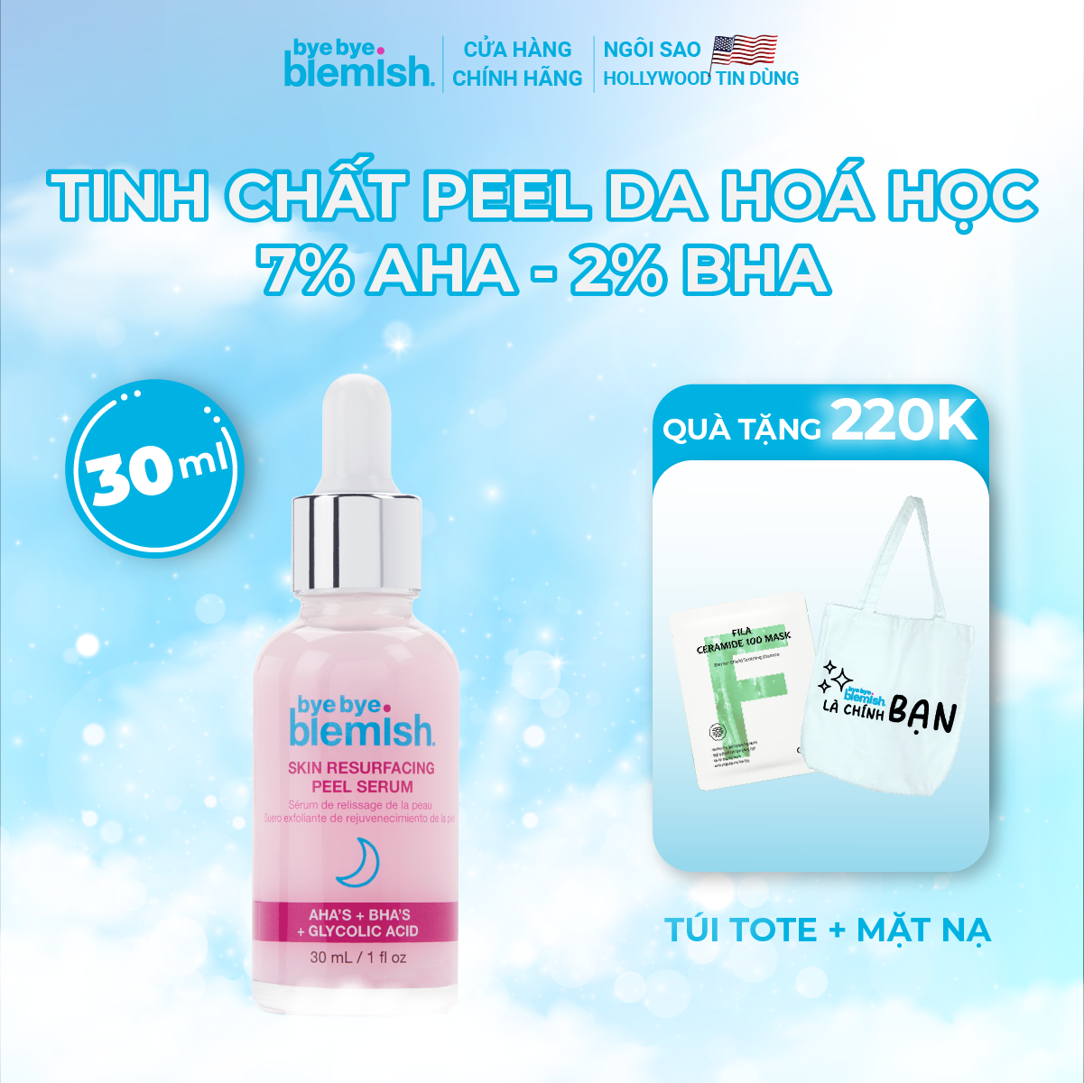 Tinh chất Peel da AHA + BHA giúp tái tạo, mờ thâm, mịn màng da Bye Bye Blemish Skin Resurfacing Peel Serum 30ml