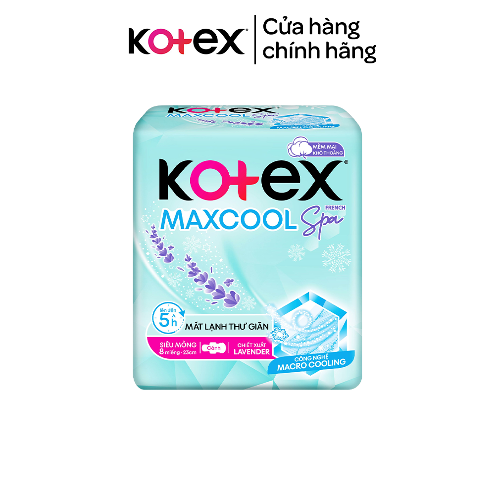 Combo 8 gói băng vệ sinh Kotex Maxcool French Spa siêu mỏng cánh 23cm (8M/gói)
