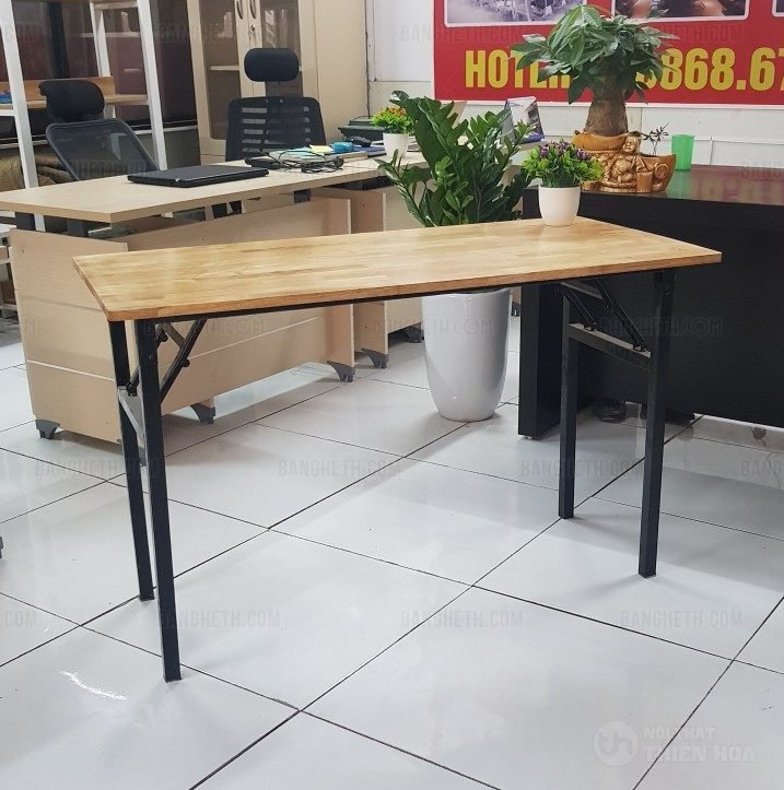 Bàn Chân Sắt Gấp Gọn, Mặt Bàn Gỗ Cao Su Hình Chữ Nhật 60x120cm, Bàn Học, Làm Việc, Bàn Ăn Đa Năng