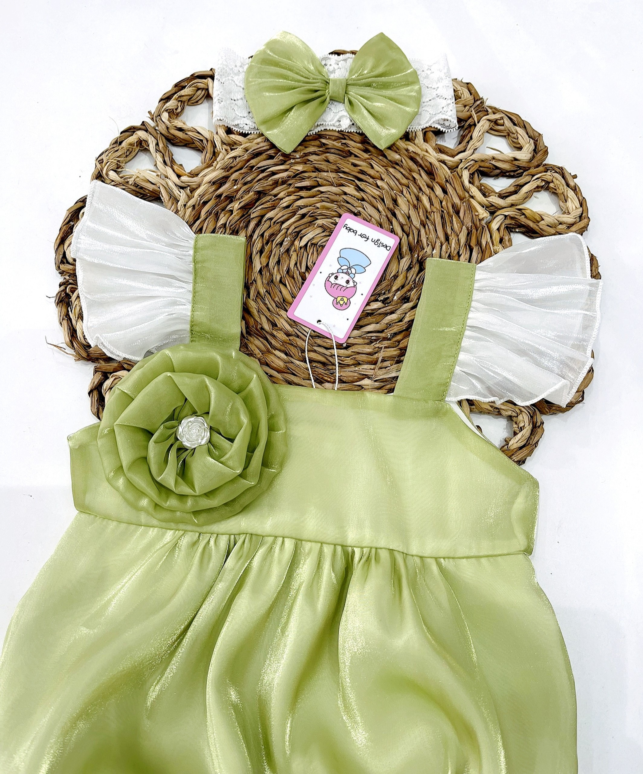Body cánh tiên xanh bơ vải tơ Organza mềm mại tặng kèm phụ kiện xinh cho bé gái sơ sinh-12kg