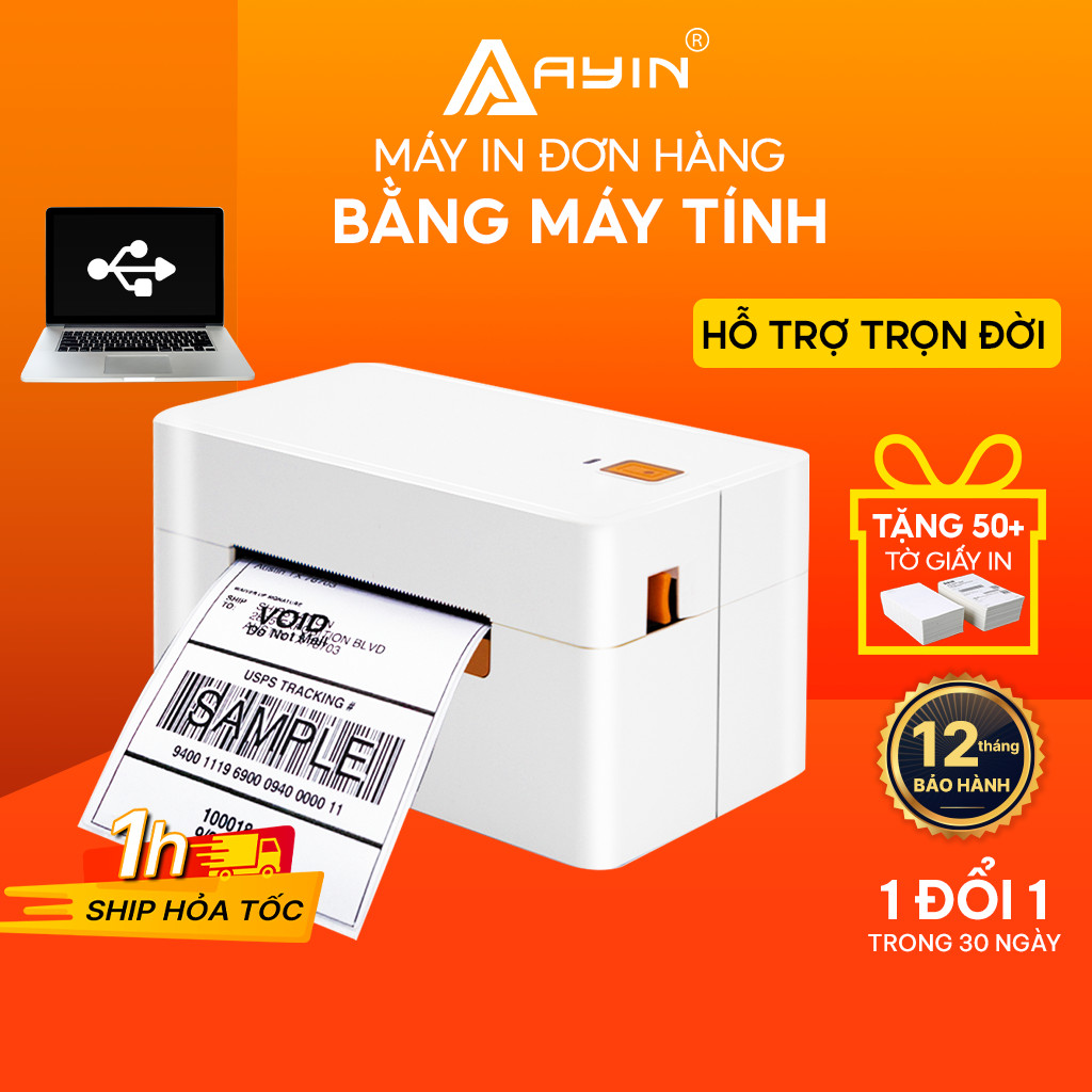 Máy In Nhiệt AYIN 368 - In Đơn Hàng TMĐT, Hóa Đơn Vận Chuyển, Tem Nhãn Mã Vạch, Phiếu Gửi, Logo Không Cần Mực, Bill Thanh Toán, Mini Code, Bar Code - Phiếu Dán Có Thể Dán Ngay - Kết Nối USB - Hàng Nhập Khẩu