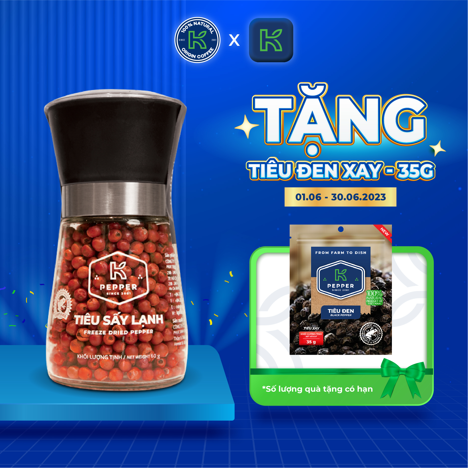 Tiêu hông sấy lạnh nguyên chất tiệt trùng K Pepper 60g kèm cối xay tiêu