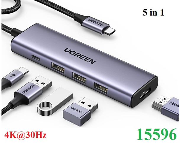Bộ Chuyển Đổi 5in1 Ugreen 15596 USB type C sang 1 x HDMI 4K30Hz + 3 x USB 3.0 + 1 x USB-C PD 100W-Hàng chính hãng