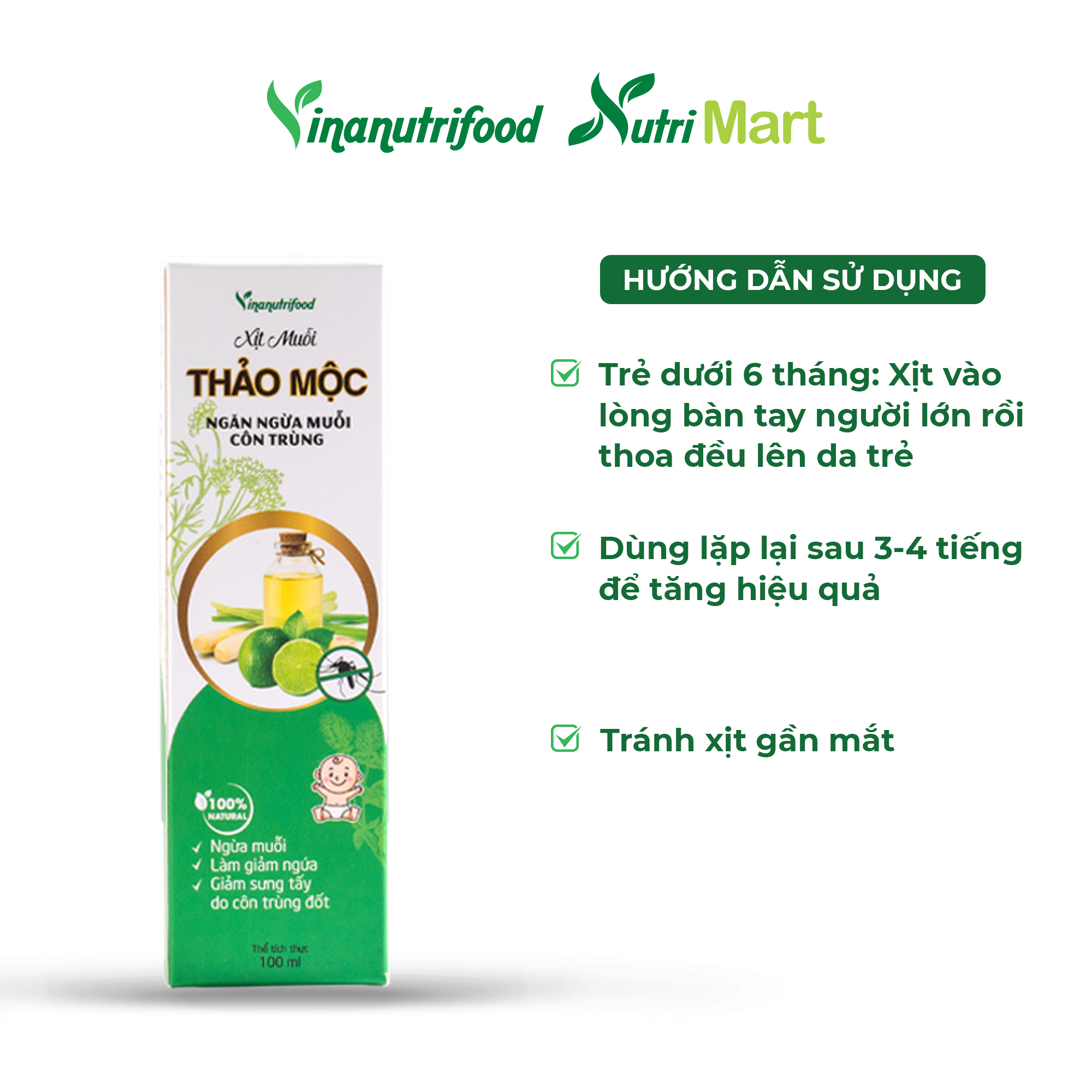 Xịt muỗi thảo mộc Vinanutrifood chiết xuất hoàn toàn từ các nguyên liệu tự nhiên, không hóa chất, an toàn cho cả trẻ nhỏ, bảo vệ da khỏi muỗi đốt, côn trùng cắn, làm mát, dịu da, giảm ngứa, dung tích 100ml