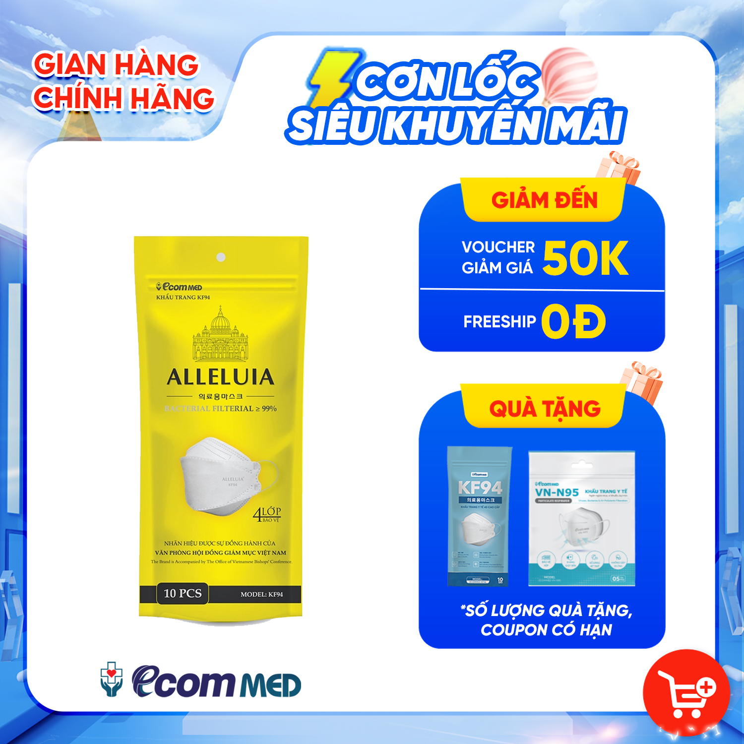 Khẩu Trang KF94 Công Giáo EcomMed Alleluia (Bịch 10 cái)