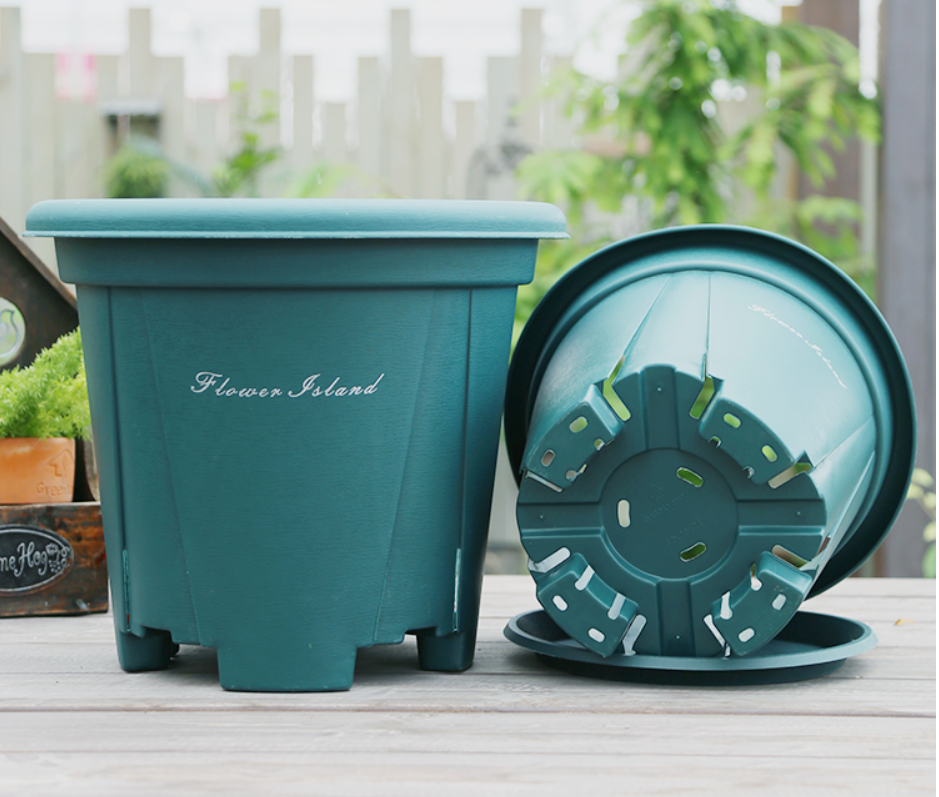 Combo chậu nhựa cao cấp Flower Island  + Đế lót chậu bánh lăn có khay hứng nước thông minh