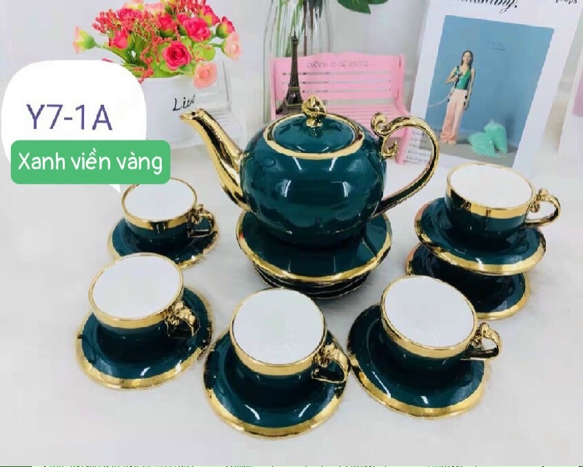 Bộ ấm chén trắng họa tiết sen, xanh cổ vịt trơn viền vàng_AVN31