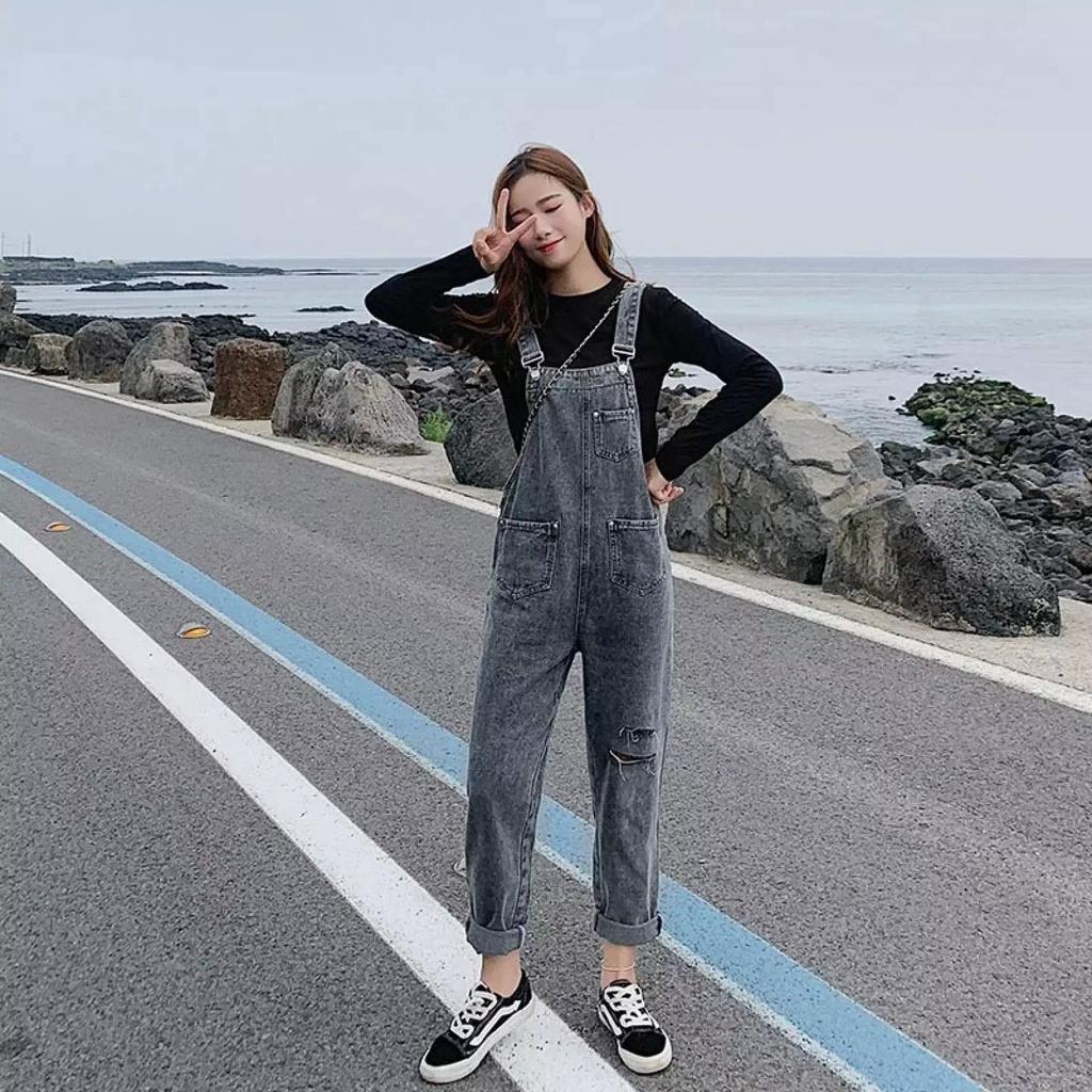 Yếm jean dài xám rách nữ - yếm bò ulzzang phong cách hàn quốc cao cấp BEN Shop0807 htb9