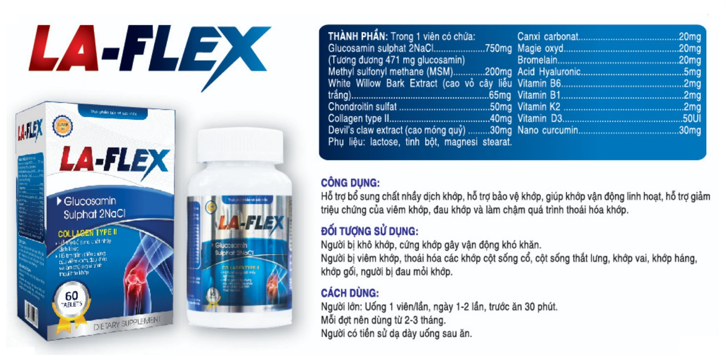 LA-FLEX - Hỗ trợ bổ sung chất nhầy dịch khớp, bảo vệ khớp, giúp khớp vận động linh hoạt, giảm triệu chứng của viêm khớp, đau khớp và làm chậm quá trình thoái hóa khớp.