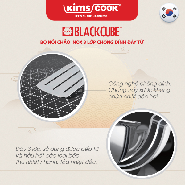 Bộ nồi chảo Blackcube 3 lớp đáy từ đa năng chống dính T&K 04 Pcs Kims Cook