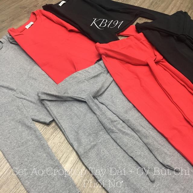 Set Áo Croptop Tay Dài + Chân Váy Bút Chì Phối Nơ