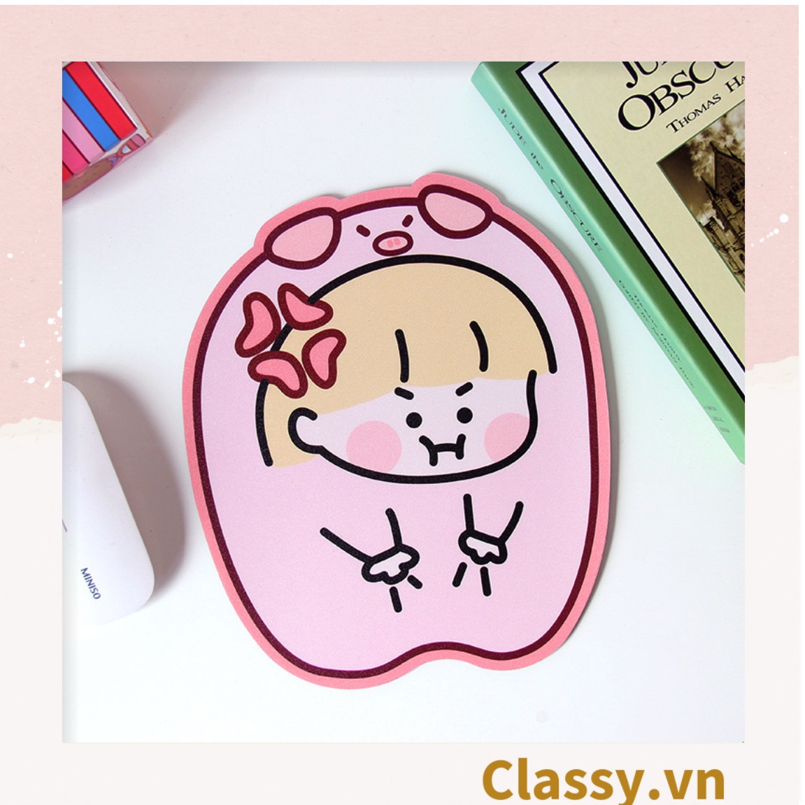 Miếng lót chuột Classy , Bàn di chuột hình bé gái tông hồng 20 x 20cm Giá Rẻ siêu dễ thương PK633