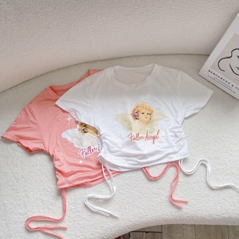 áo croptop rút dây 2 bên in hình Angel - Kèm ảnh thật