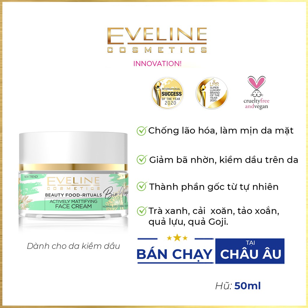 Kem Eveline Bio Vegan Actively Mattying hũ 50ml dưỡng ẩm trắng da, ngăn ngừa lão hóa và kiểm dầu, dành cho người da dầu