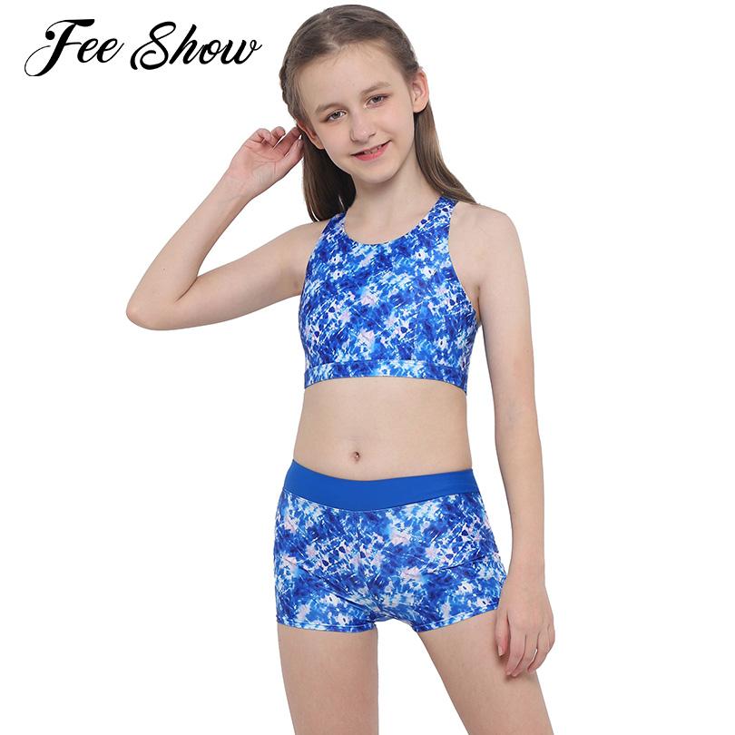 Mùa Hè Trẻ Em Hai Miếng Đầm Váy Nữ Áo Tắm Bãi Biển Đồ Bơi Áo Crisscross Lưng In Hình Trên Có Boyshorts Đáy