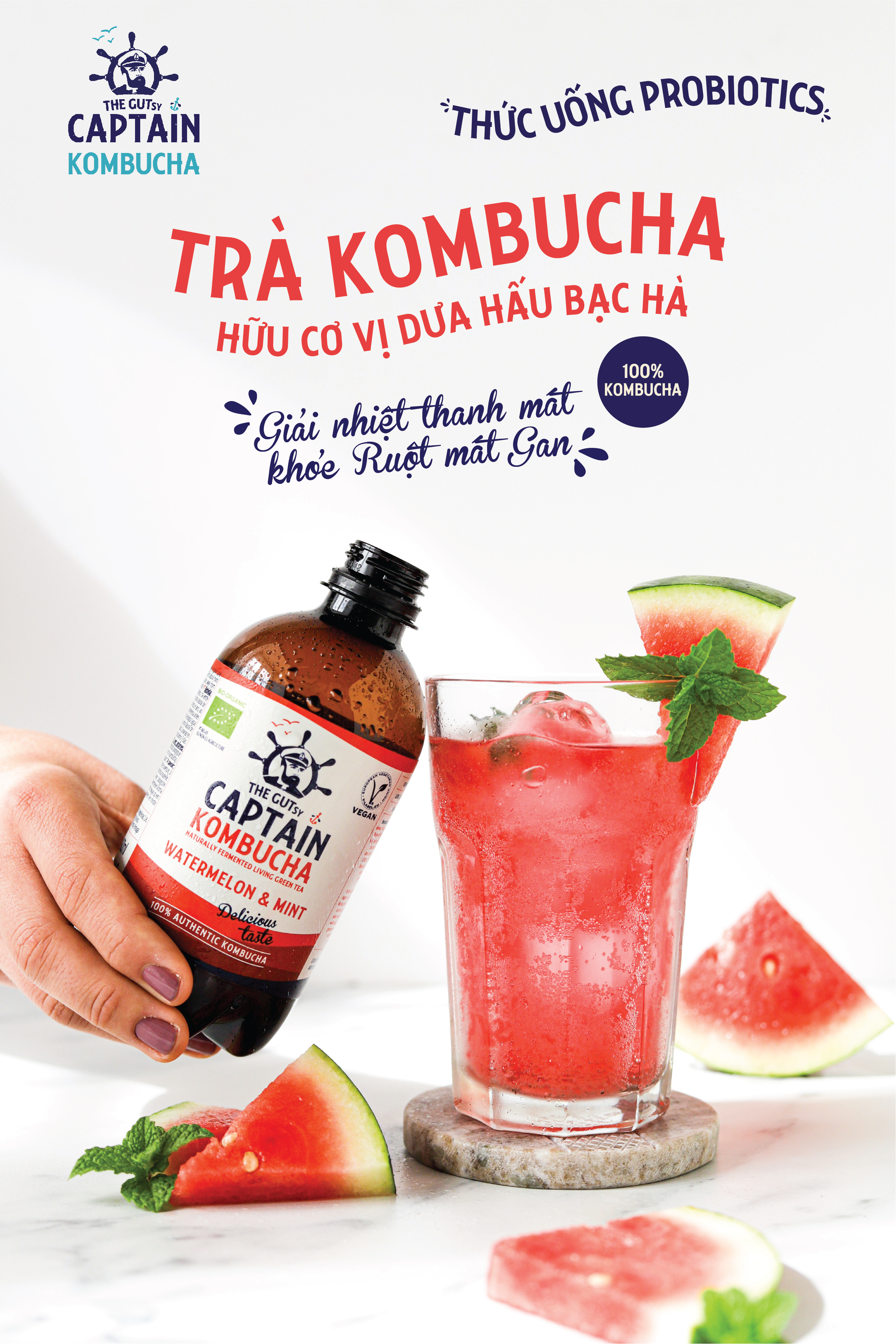 Trà Kombucha hữu cơ vị dưa hấu bạc hà Captain Kombucha 400ml