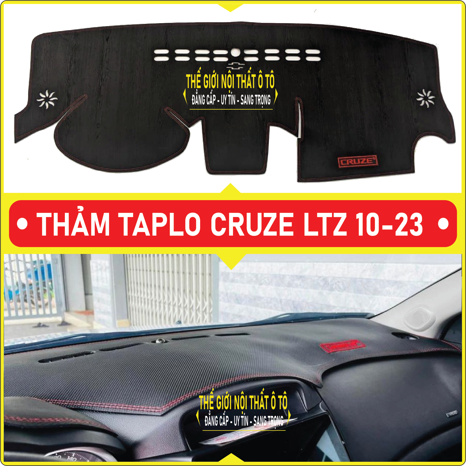 Thảm taplo Chevrolet Cruze Ltz da cacbon, da vân gỗ, nhung cu· 3 lớp dày 1cm chống nắng cao cấp