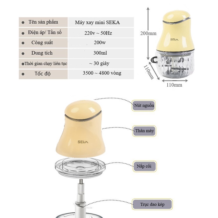 Máy xay đa năng, máy xay mini, xay thịt, đồ ăn dặm cho bé, xay tỏi ớt hàng chính hãng seka, 6 lưỡi cối thuỷ tinh