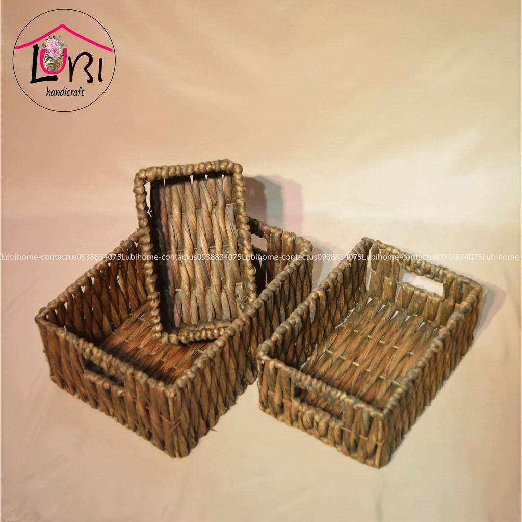 Sọt đựng đồ lục bình hình chữ nhật bộ 3 - màu nâu đan vặn dọc