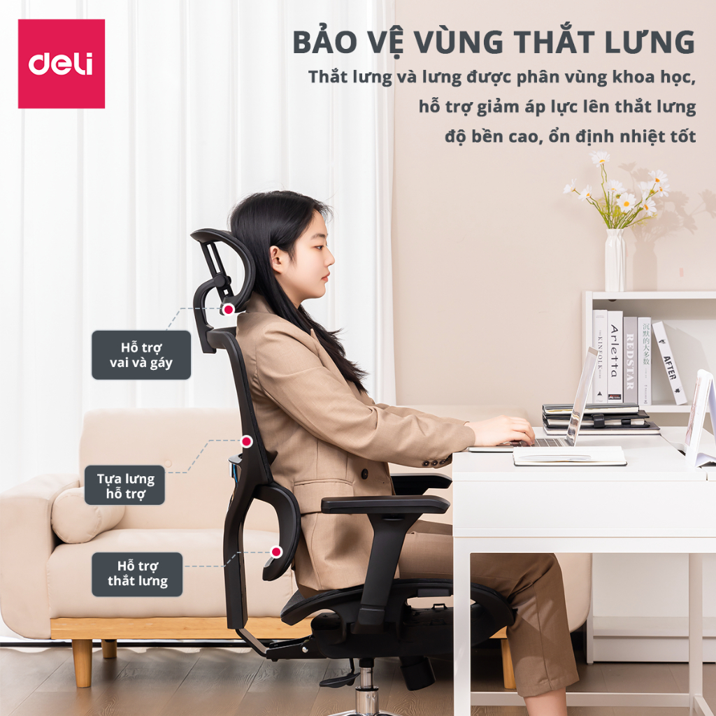 Ghế Xoay Văn Phòng Công Thái Học Cao Cấp Có Khóa Ngả Lưng 135 Độ - Lưng Đôi - Lưới Vân Rồng Deli - Tựa Cổ 2D, Tựa Tay 3D- Hỗ Trợ Đốt Sống Cổ Tối Ưu Tư Thế Ngồi - Ghế Giám Đốc Bảo Hành 5 Năm