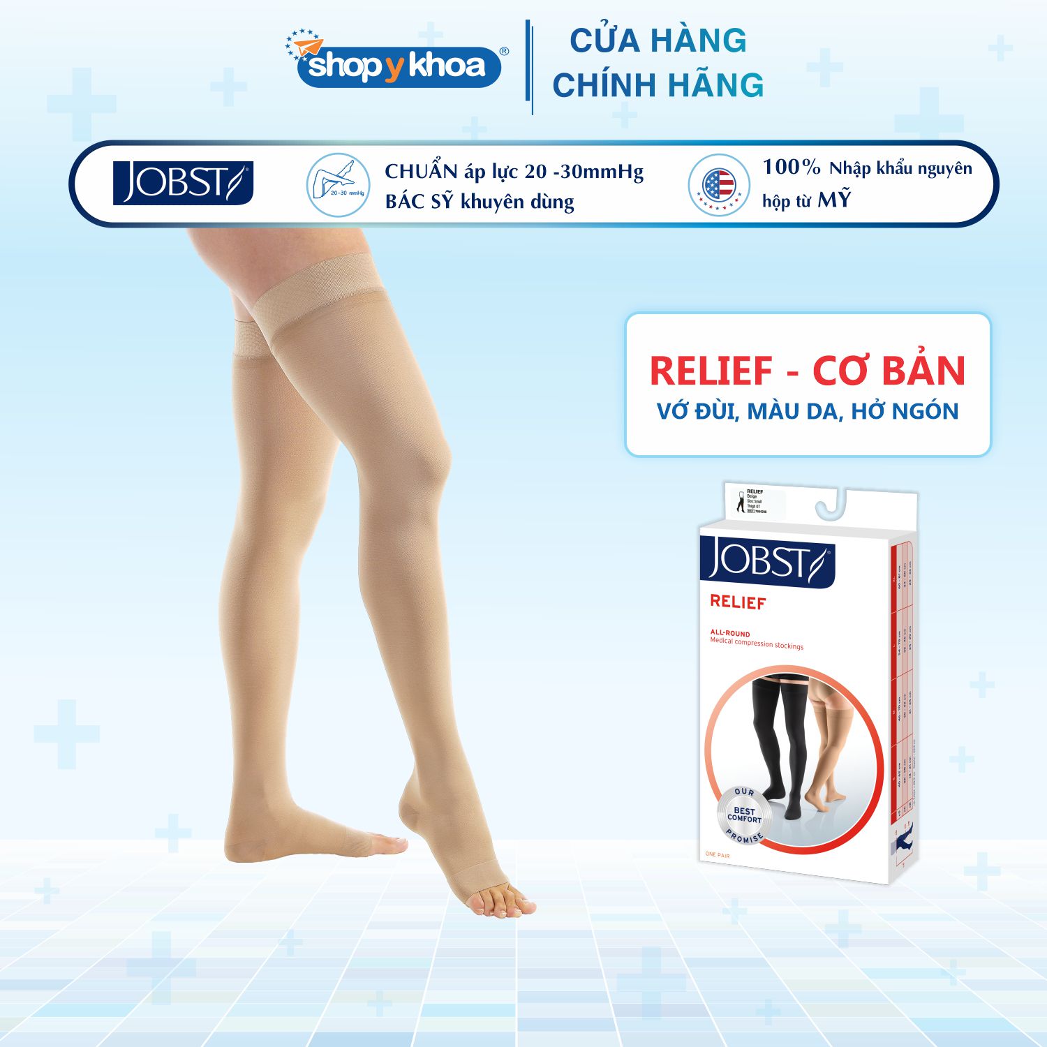 Vớ y khoa đùi Hỗ Trợ Điều Trị suy giãn tĩnh mạch chân JOBST Relief chuẩn áp lực 20-30mmHg – Da tất y khoa – Da – Size S1