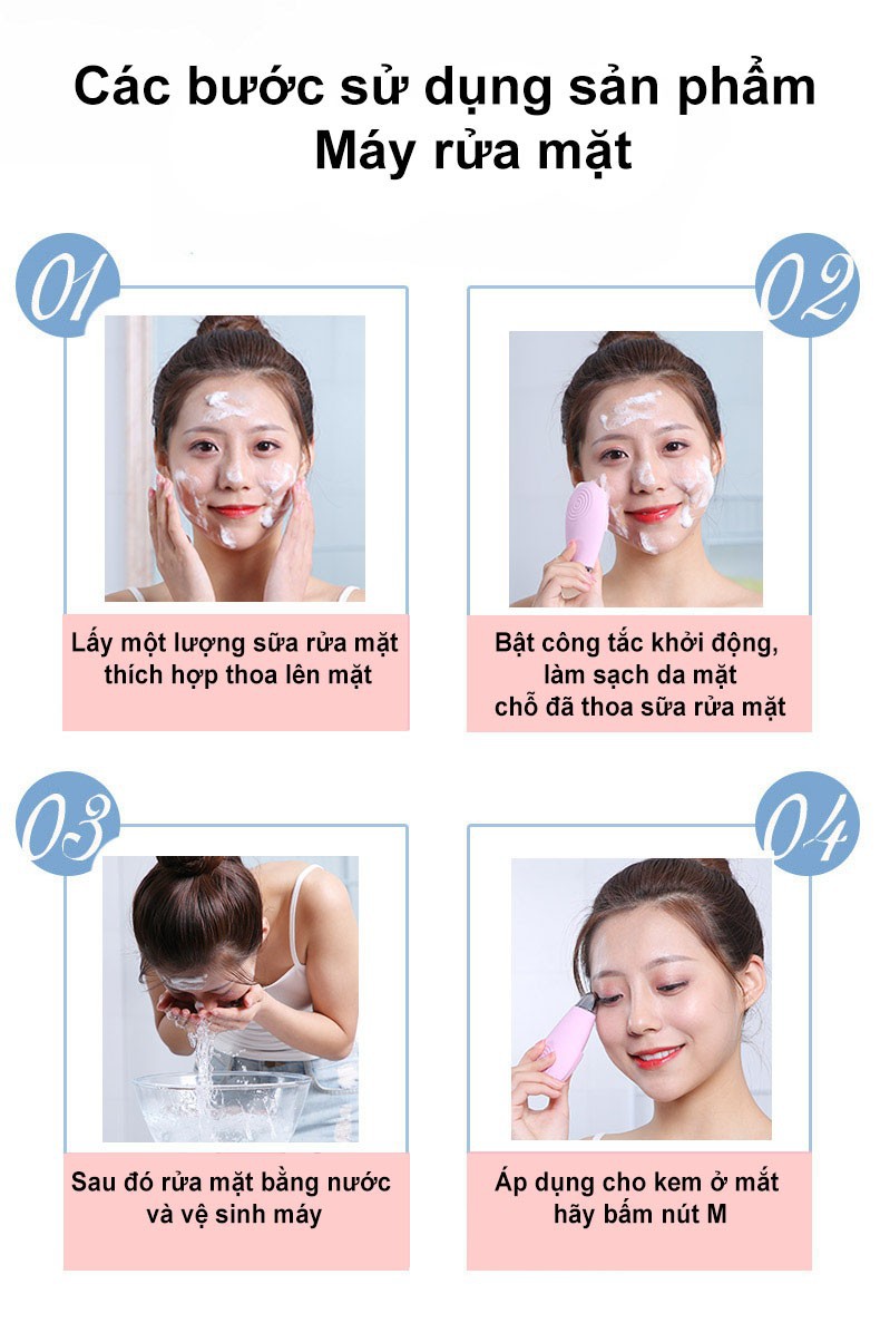 Máy Rửa Mặt Sóng Âm BR-020-Màu Hồng+ Dụng Cụ Rửa Mặt và Massage Mặt Silicon Mềm Dẻo HT SYS Facial Cleansing Fad-Màu Hồng-[COMBO1]