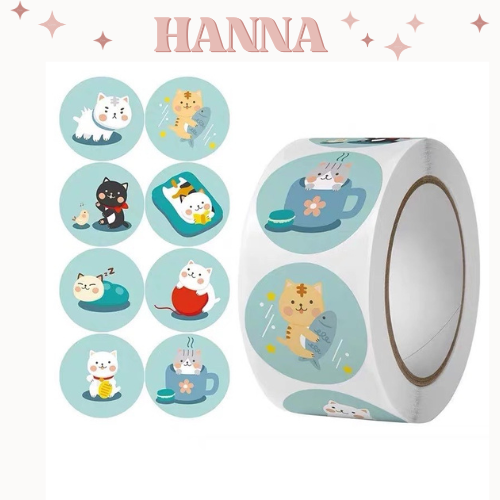 Cuộn 500 sticker nhãn dán cute hình mèo con dễ thương