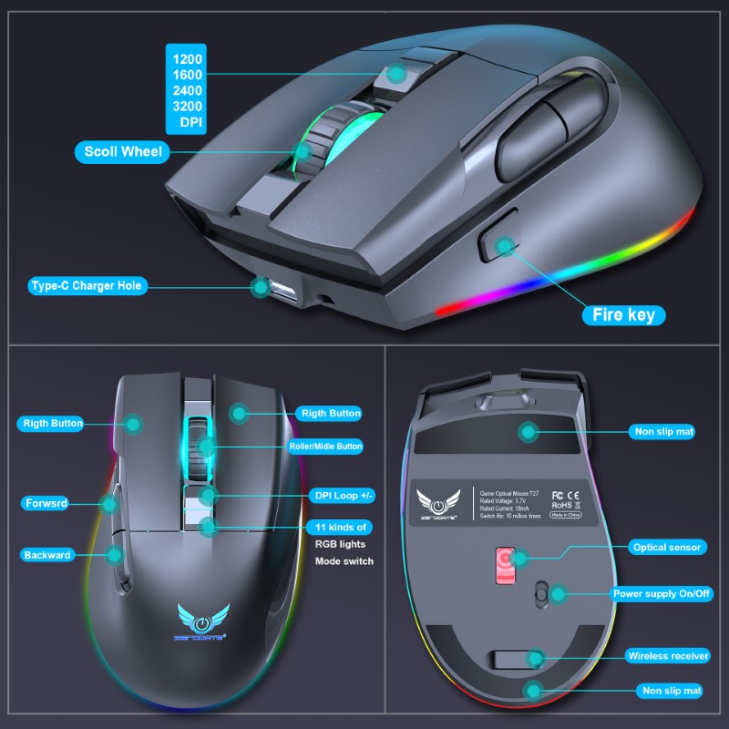 Chuột không dây LED RGB 3200 DPI Gaming Mouse T27 cho máy tính laptop hàng nhập khẩu