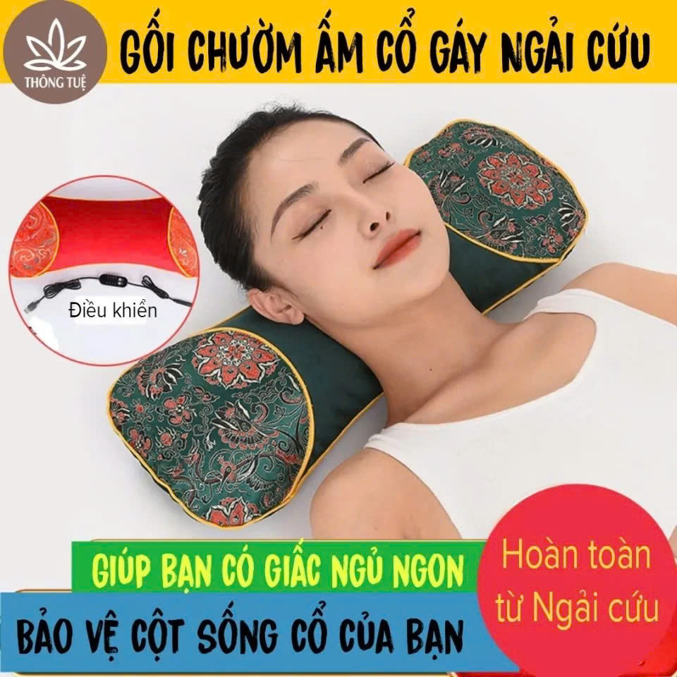 Gối Ngải Cứu Điện Làm Nóng MassageVai Gáy Cổ Hương Thơm Tự Nhiên Từ Thảo Dược Giảm Đau Mỏi
