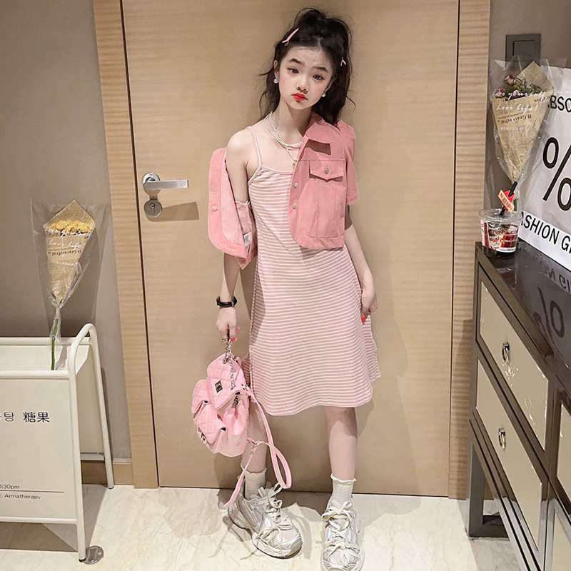 Váy bé gái, Set Váy 2 dây kẻ zip kèm áo khoác sành điệu Habi Fashion HB2312 chất vải mềm mát cho bé 10-30Kg