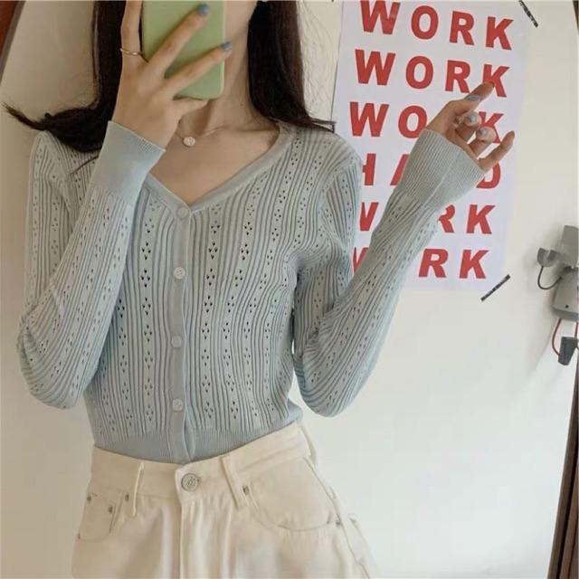 Áo len gân lưới ren hàng khuy style Hàn Quốc summer 2020
