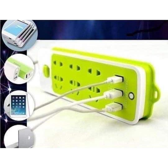 Ổ Cắm Điện Đa Năng Chống Giật Có 6 Ổ Cắm 3 Cổng USB Sạc Điện Thoại – Màu Xanh Lá Hàng Dây Điện Lớn, Ổ Dầy