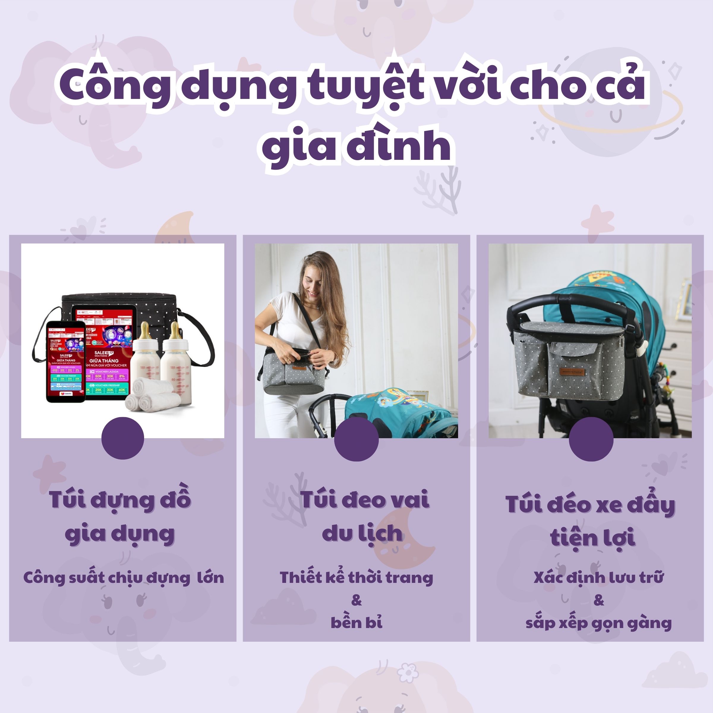 Túi treo xe đẩy/ túi đựng đồ Miracle Baby cho bé họa tiết ngôi sao đa di năng, tiện ích