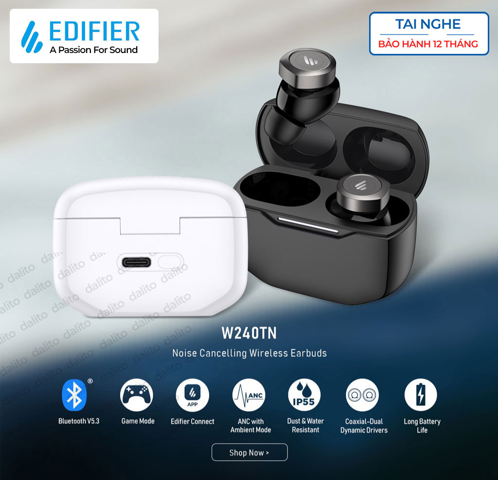 Tai Nghe Bluetooth 5.3 Edifier W240TN không dây true wireless in ear Chống ồn chủ động Gaming mode Đàm thoại tốt 4 mic - Hàng chính hãng