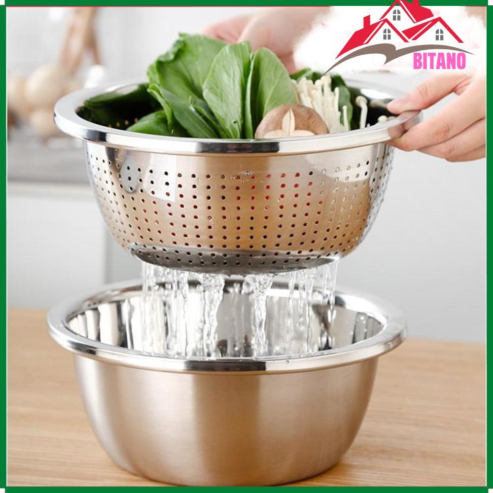 Set 3 Chậu Rổ Nạo BITANO Inox Tặng Kèm Kình Giữ Nhiệt Xương Rồng Cao Cấp