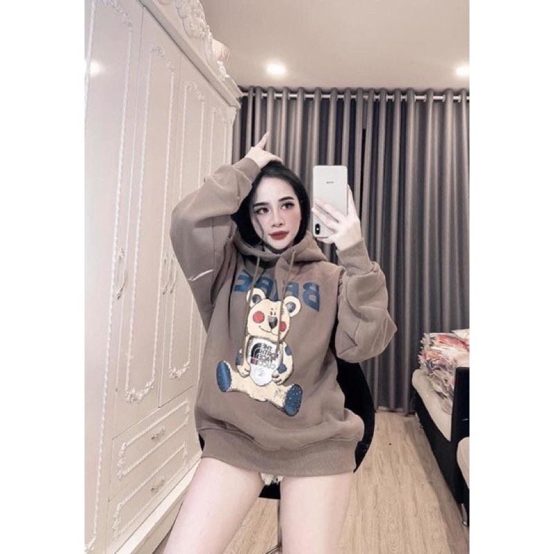 Áo khoác chui đầu hoodie có nón tay phồng in gấu unisex ulzzang nam nữ AN689