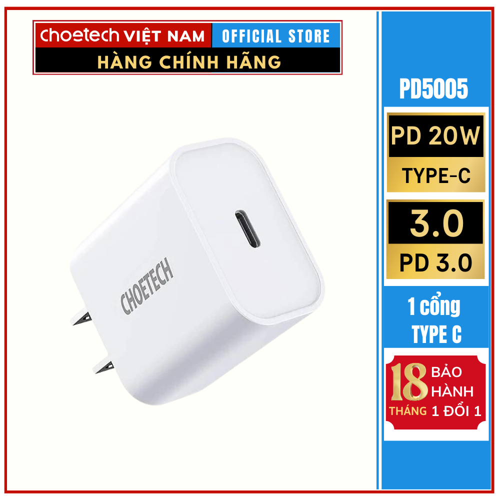 Củ sạc nhanh Type C 20W Choetech PD5005 (Hàng chính hãng)