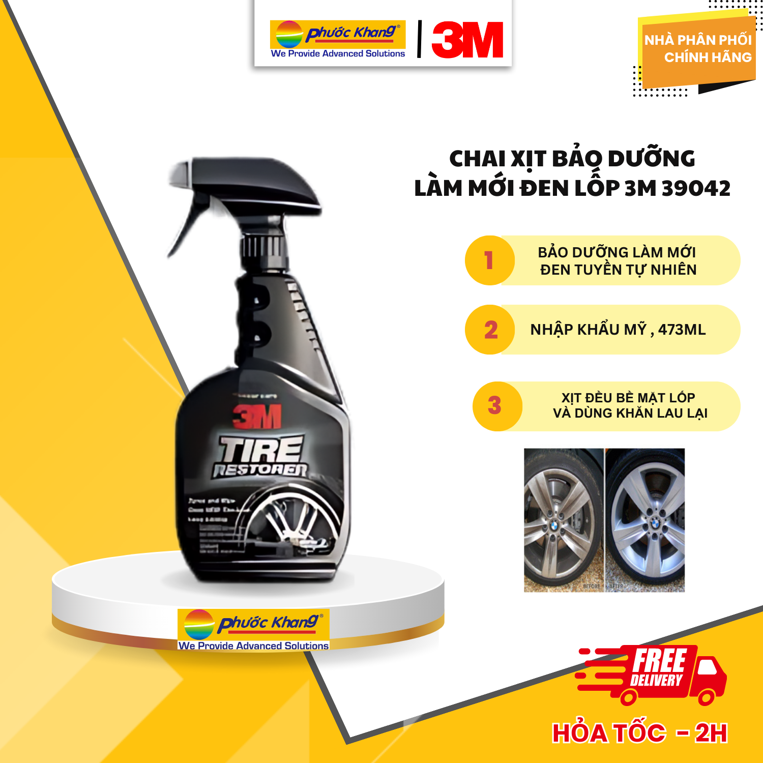 Chai xịt bảo dưỡng lốp xe, Tẩy sạch, tái tạo độ đen bóng ,Chống lão hóa vỏ xe  3M 39042  - 473ml Nhập khẩu Thái Lan
